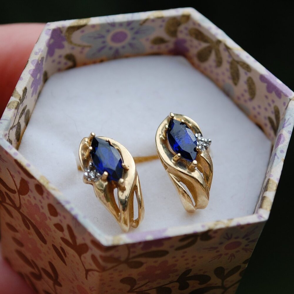Blue Sapphire and Diamond 10k Gold Earrings
